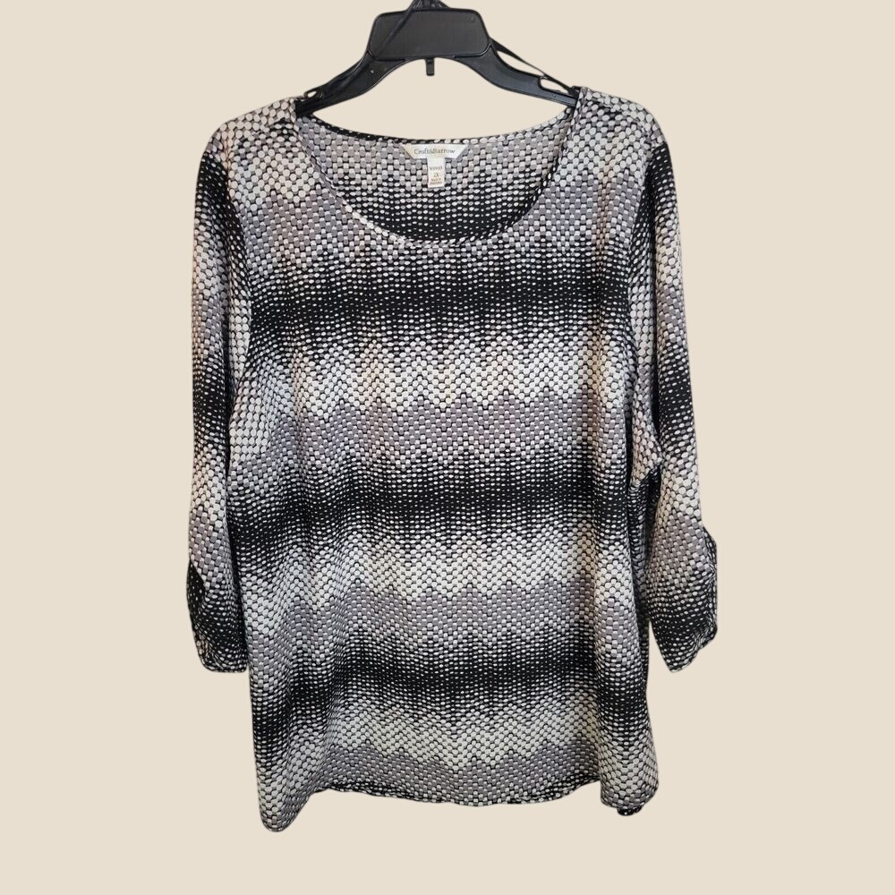 Croft & Barrow Blouse Roll Tab Sleeve Geometric Print Plus Size 2X Black Gray